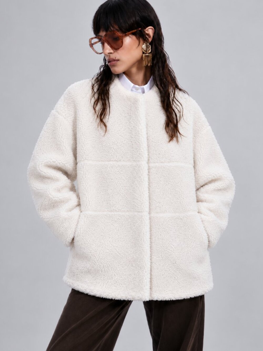 White Teddy Faux Fur Snap Sherpa Jacket Fall Winter